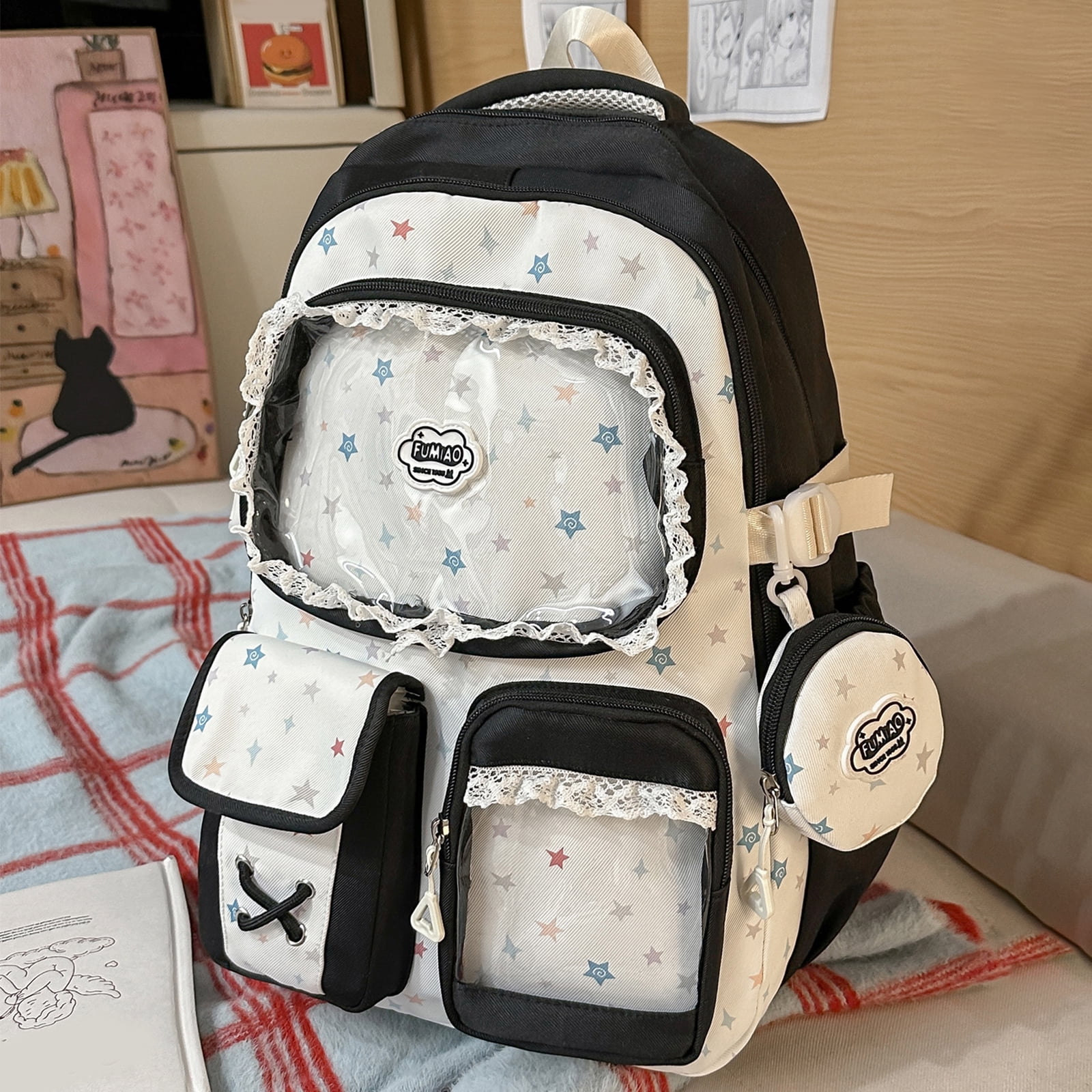 HUISZJ Ita Bag School Backpack, Large Capacity School Backpack Pendant, Cutecore Daypack for Travel Students, Black