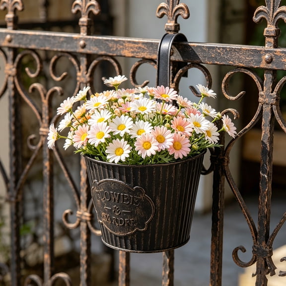 Vintage Metal Hanging Flower Pot Rustic Iron Bucket Planter Railing Balcony Garden