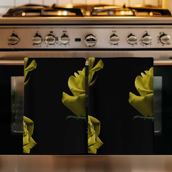 Yellow Rose Kitchen Towels Set of 1, Vintage Abstract Garden Flower Floral Black Absorbent Dish Towels for Kitchen, Microfiber Hand Towel, Quick Drying Tea Towel for Cleaning Decorative Dishcloths