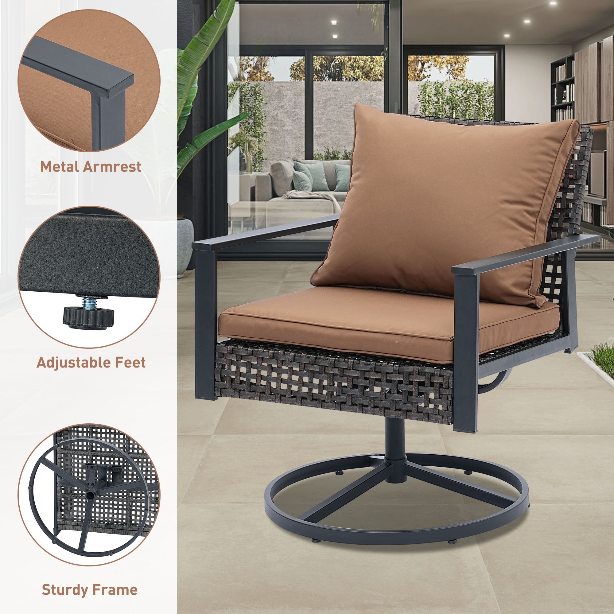 Ainfox Outdoor Sectional Conversation Set, Rattan Chairs with Ottoman, Perfect for Lawn & Backyard - 3 Pieces