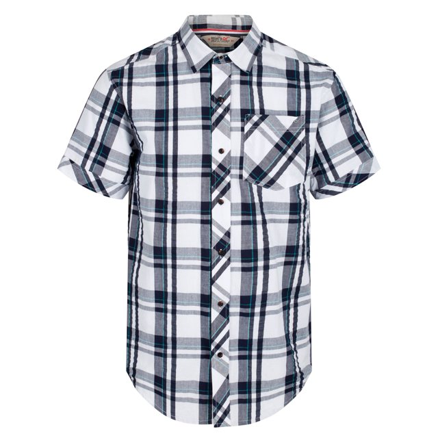 Regatta - Camisa Manga Corta estampado de Cuadros Deakin III para Hombre (Blanco/Azul Marino)