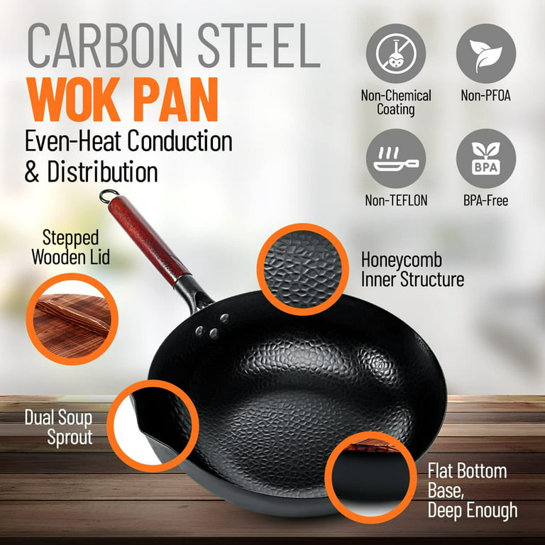 Homeries Carbon Steel Wok with 2 Spatulas Wooden Lid for Electric Induction