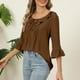 thumbnail image 4 of Top marrón,Blusa informal de manga 3/4 para mujer, estilo vendaje, mezcla de algodón y lino, cuello redondo, corte holgado, ideal para primavera y verano, sopatenor, 4 of 8