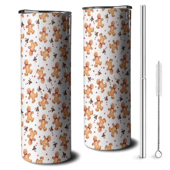 20oz White Christmas Gingerbread Man Pattern Skinny Tumblers Stainless Steel Tumbler with Lid and Straw,Vacuum Insulated Double Wall Travel Tumbler Cups with Cleaning Brush for Coffee,Tea