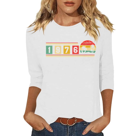 Craaazy Women's 1976 Casual Letter Printed 50th Birthday 3/4 Sleeve T-shirts Gifts