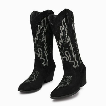 

SHIBEVER Cowboy Boots for Women Wide Calf Western Cowgirl Boots Embroidered Heeled Pointed Toe Zipper Booties