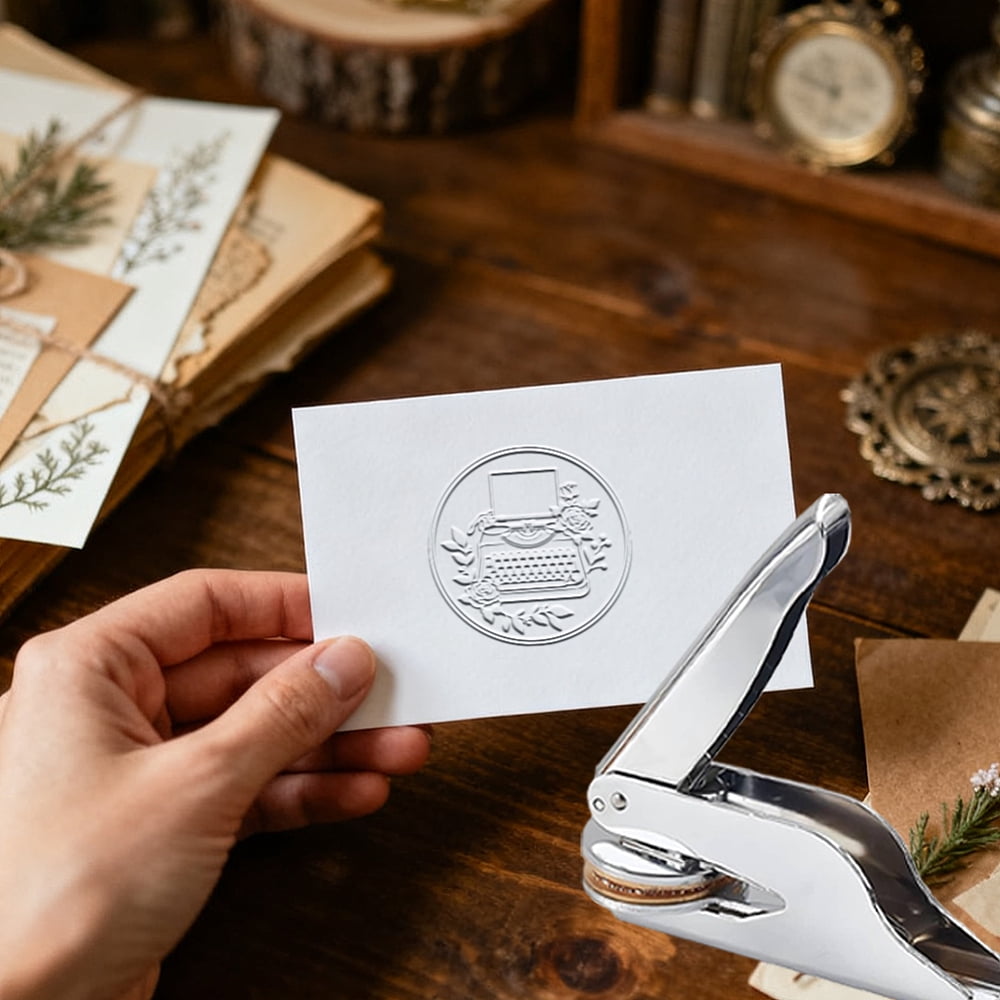 Stainless Steel Seal Embosser Hand-Held Embossing Stamp for Books Envelopes Napkins Golden Typewriter 42mm