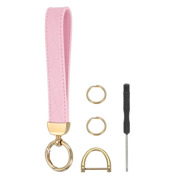 Leather Wristlet Keychain Car Key Chain Wristlet, 7" Key Fob Holder with D Ring and 2 Key Ring Gold Tone/Pink