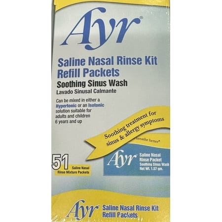 Ayr Saline Nasal Rinse Kit Refill Packets, Soothing Sinus Wash, Hypertonic or Isotonic Solution, Suitable for Adults & Children 6+, 51 ct