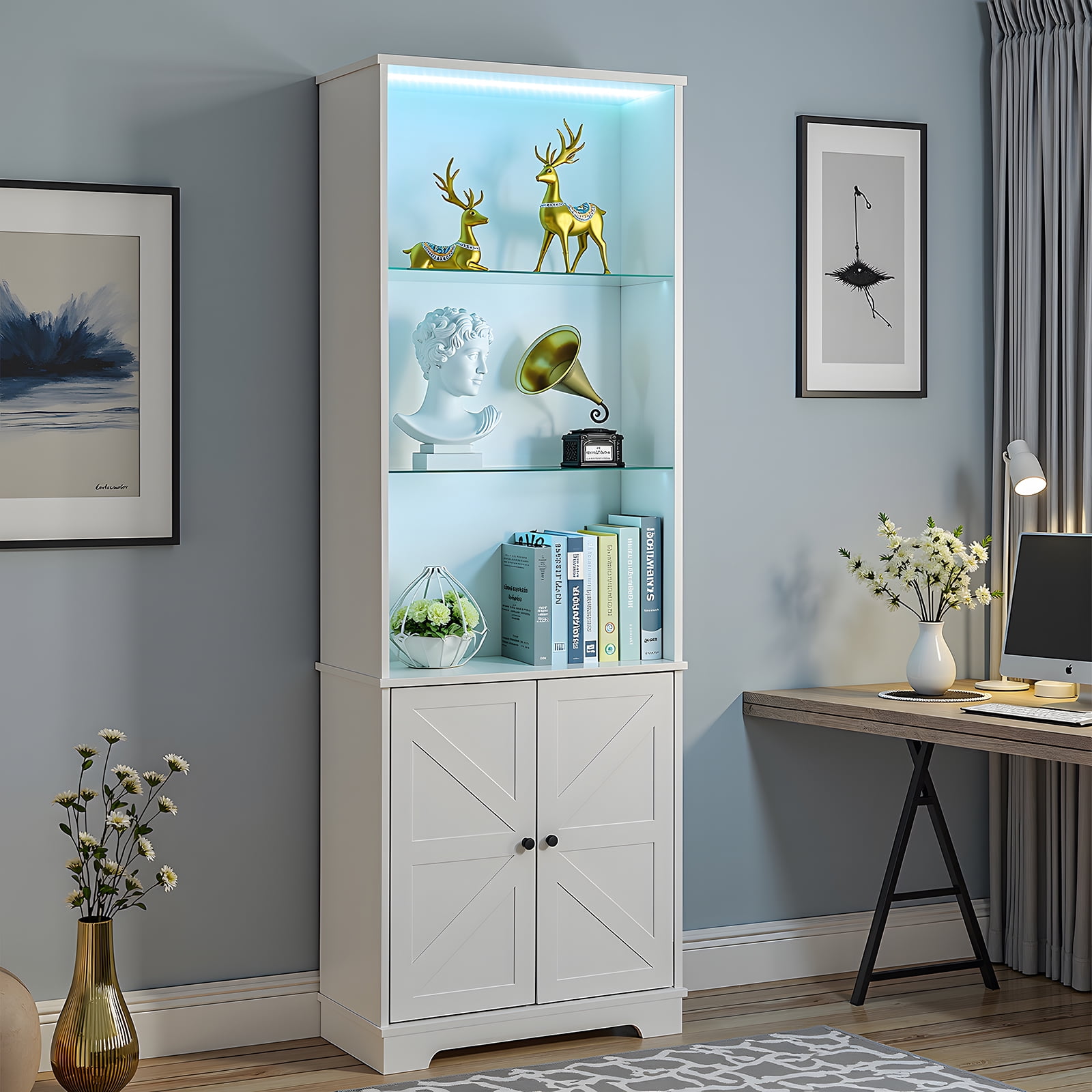 3-Layer Display Cabinet, Glass Shelf With 2 Doors Double Z Shape Led Light Strip Front Curved Base Feet Triammine Board, White/60*23.5*180cm