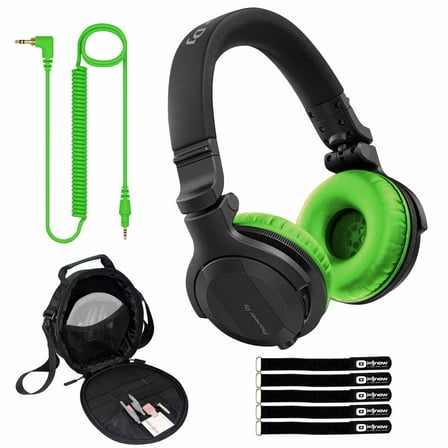 Pioneer DJ HDJ-CUE1BT Black Wireless Bluetooth Headphones with Green Ear Pad Accessories Package