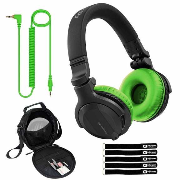 Pioneer DJ HDJ-CUE1BT Black Wireless Bluetooth Headphones with Green Ear Pad Accessories Package