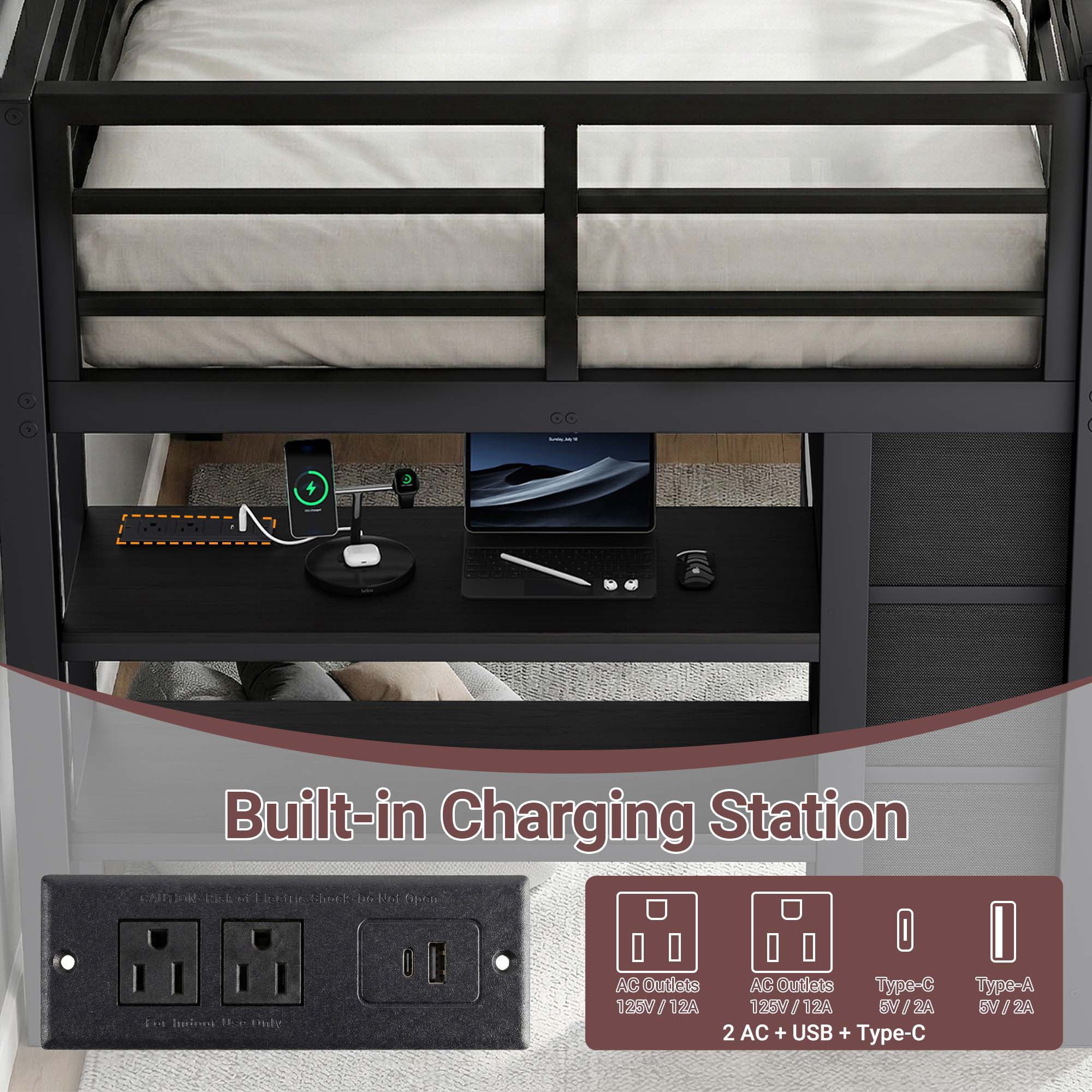 Twin Low Loft Bed with Storage, Metal Twin Loft Bed Frame with 9 Drawers, 2 Shelves, LED Lights and Charging Station, Black