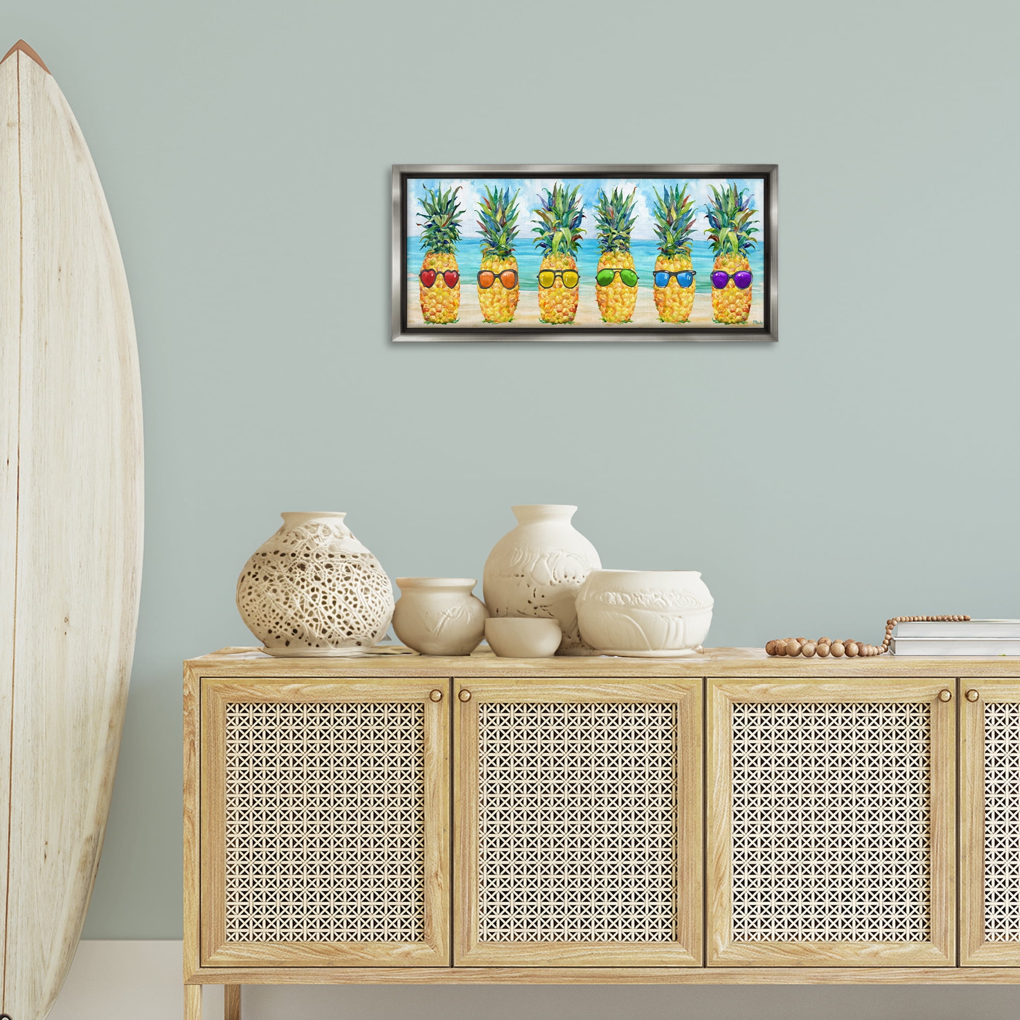 Stupell Industries Rainbow Beach Pineapples Food & Beverage Painting Gray Floater Framed Canvas Art Print Wall Art, 31 x 14