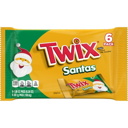 TWIX Caramel Singles Size Cookie Bar Christmas Candy Santas, 1.06-Ounce Bars 6-Count Pack
