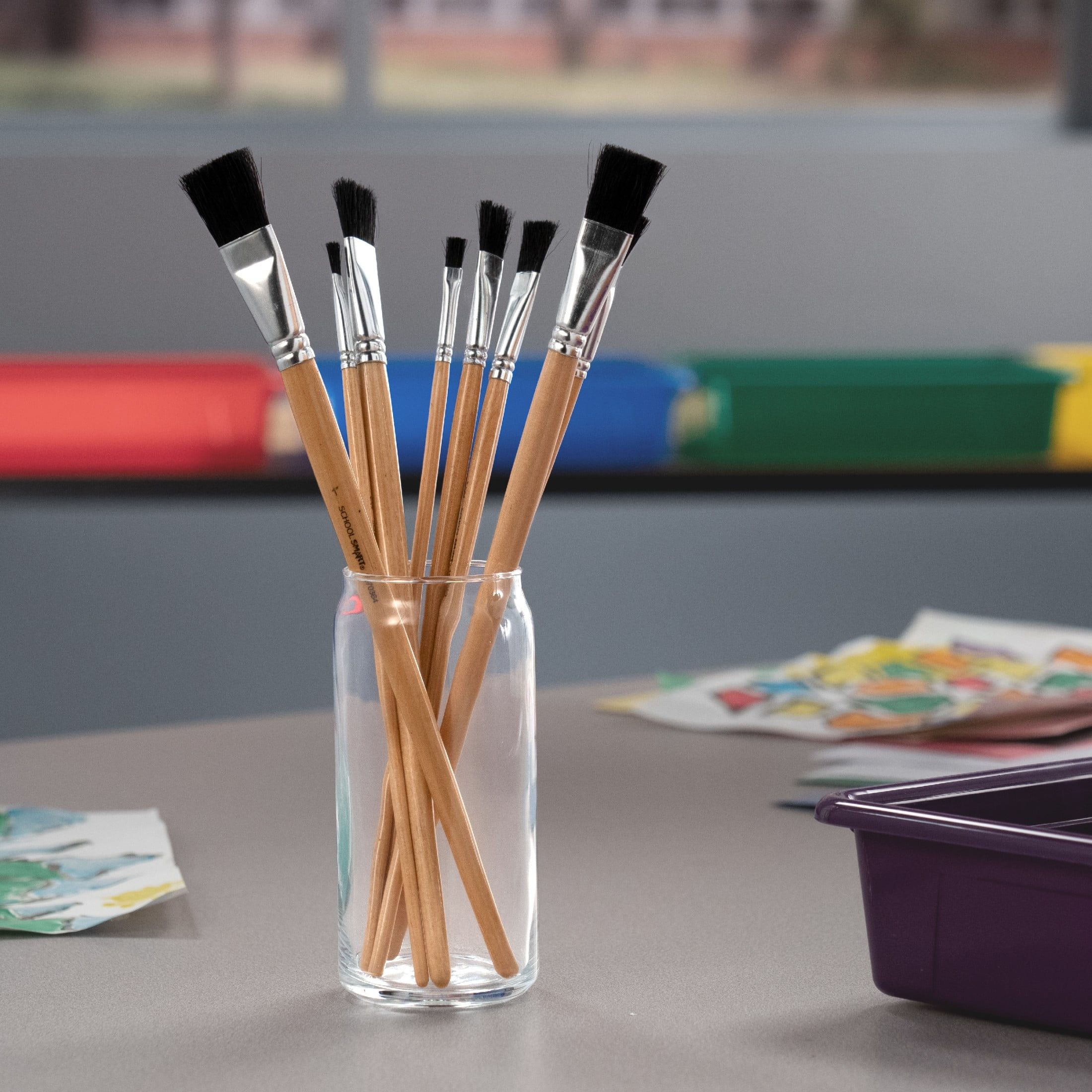 School Smart Interlocked Black Bristle Long Enameled Hardwood Handle Paint Brush Set 72- Clear