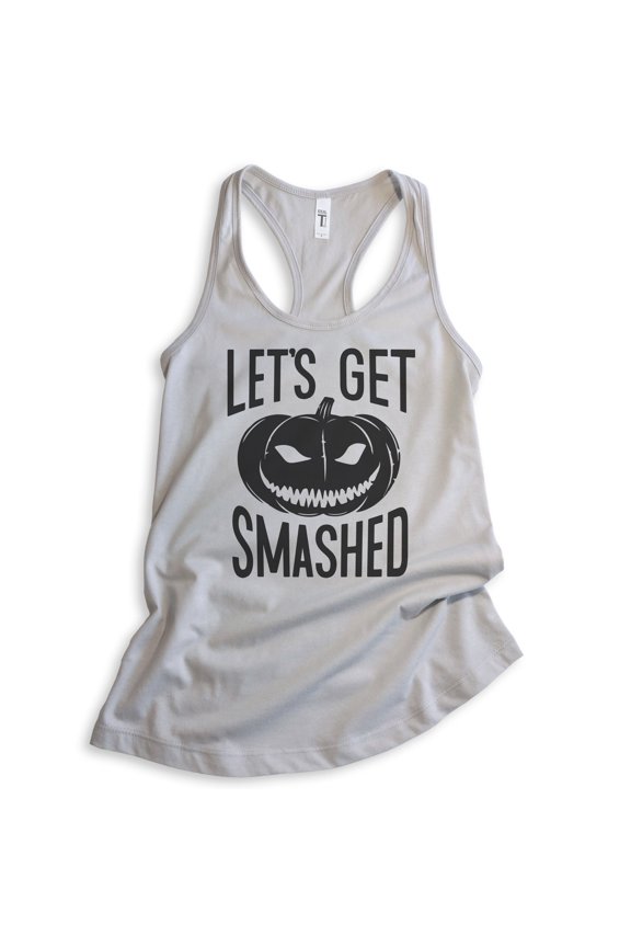 Let's Get Smashed Tank Top, Ladies Racerback Tank Top, Halloween Tank, Pumpkin Tank, Silver Gray, Large