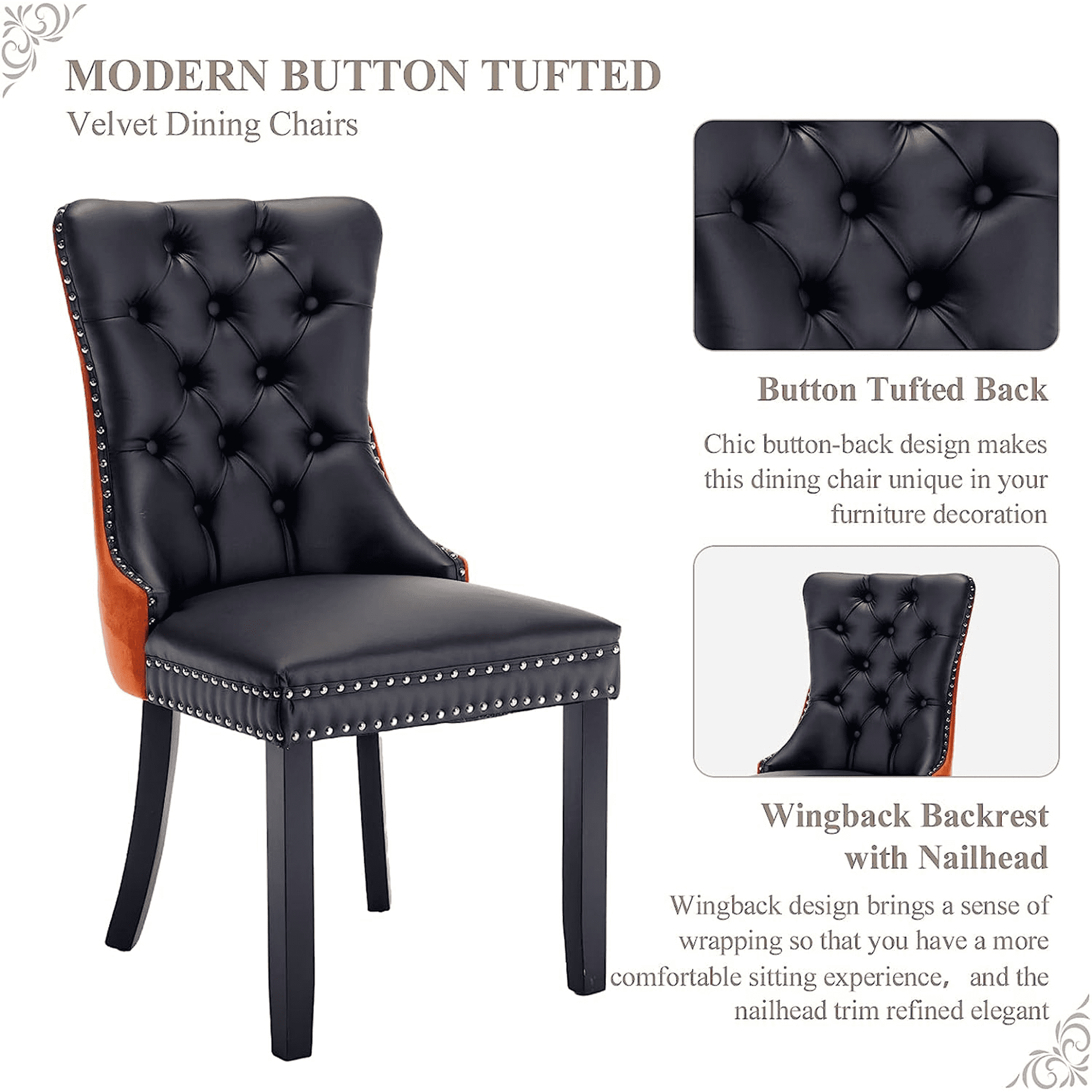PORKISS Dining Chairs Set of 2, Modern Wood and PU Dining Chairs with Back Ring and Nailhead Trim, Upholstered Tufted Velvet Chair with Wood Legs for Dining Room, Kitchen, Black/Orange