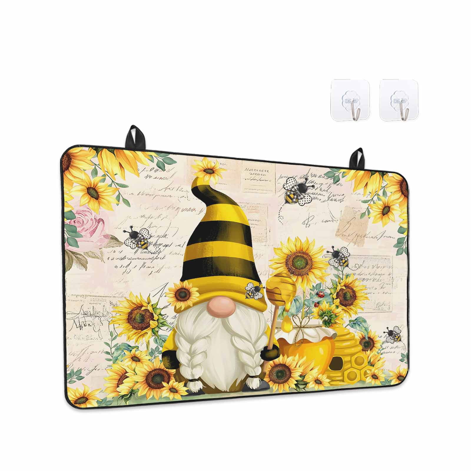 Yellow Gnomes Stove Top Cover for Electric Stove, Heat-proof & Non Slip Glass Top Stove Cover Protector, Sunflower Floral Bee Vintage Kitchen Flat Cooktop Rubber Mat 24x21 Inches