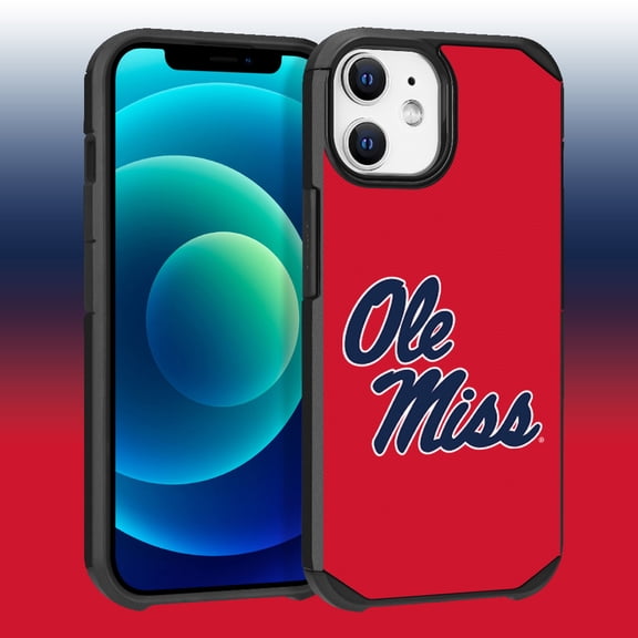 Apple iPhone 12 (6.1) / iPhone 12 Pro (6.1) - Licensed NCAA University of Mississippi Ole Miss Rebels Logo on Blue Textured Dual Layer Case