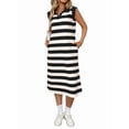 thumbnail image 2 of Womens Striped Summer A Line Dress Casual Cap Sleeve Lapel Neck T Shirt Dresses with Pockets Black M, 2 of 9
