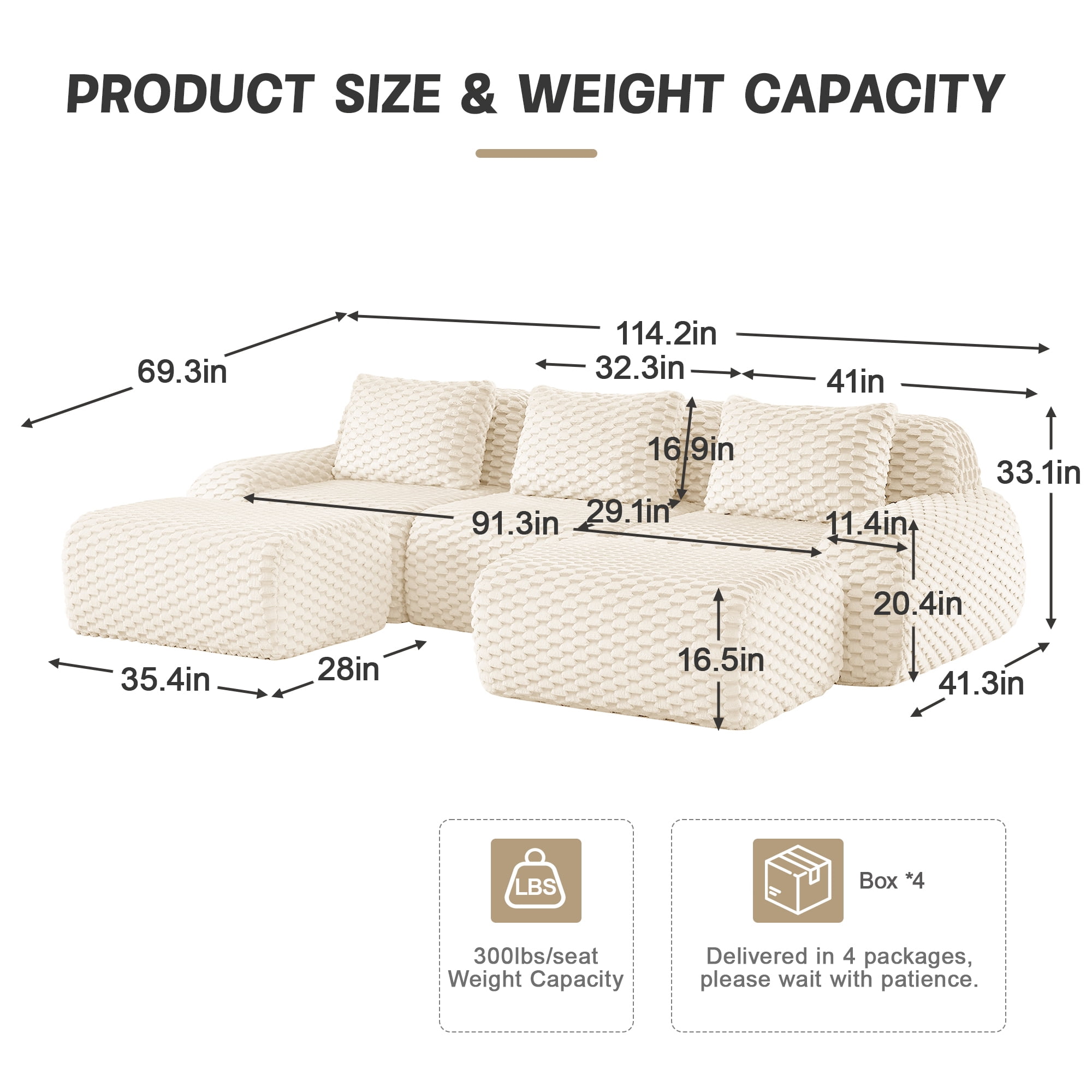 Alvantor 114" Cloud Modular Sectional Sofa with Movable Ottoman, U Shaped Deep Seat Flannelette Boneless Couch for Living Room Bedroom Cream