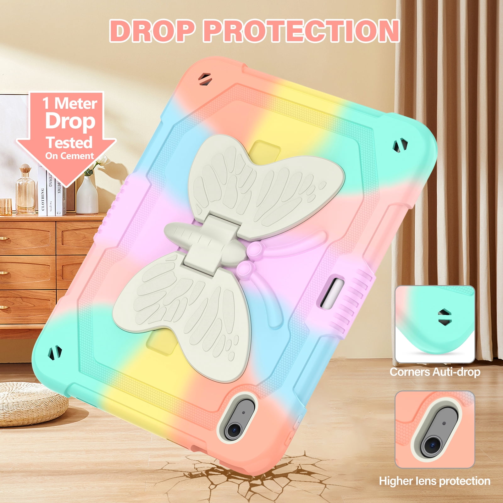 For iPad Air 11 M4 M3 M2 2026 2025 2024 Case, Cute Butterfly Design Heavy Duty Shockproof Shoulder Strap Pencil Holder Kickstand Bumper Kids Friendly Rugged Case for Apple iPad Air 11", Colorful
