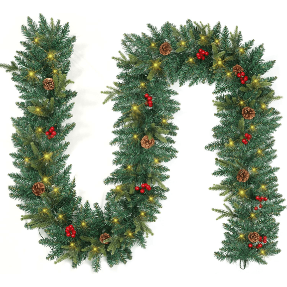 Guvpev 9FT Christmas Garland with Lights, Battery Operated Lighted Greenery Garland with Pine Cones Red Berries Lush Branches, 50 Warm White LED Lights, Christmas Decorations Indoor/Outdoor