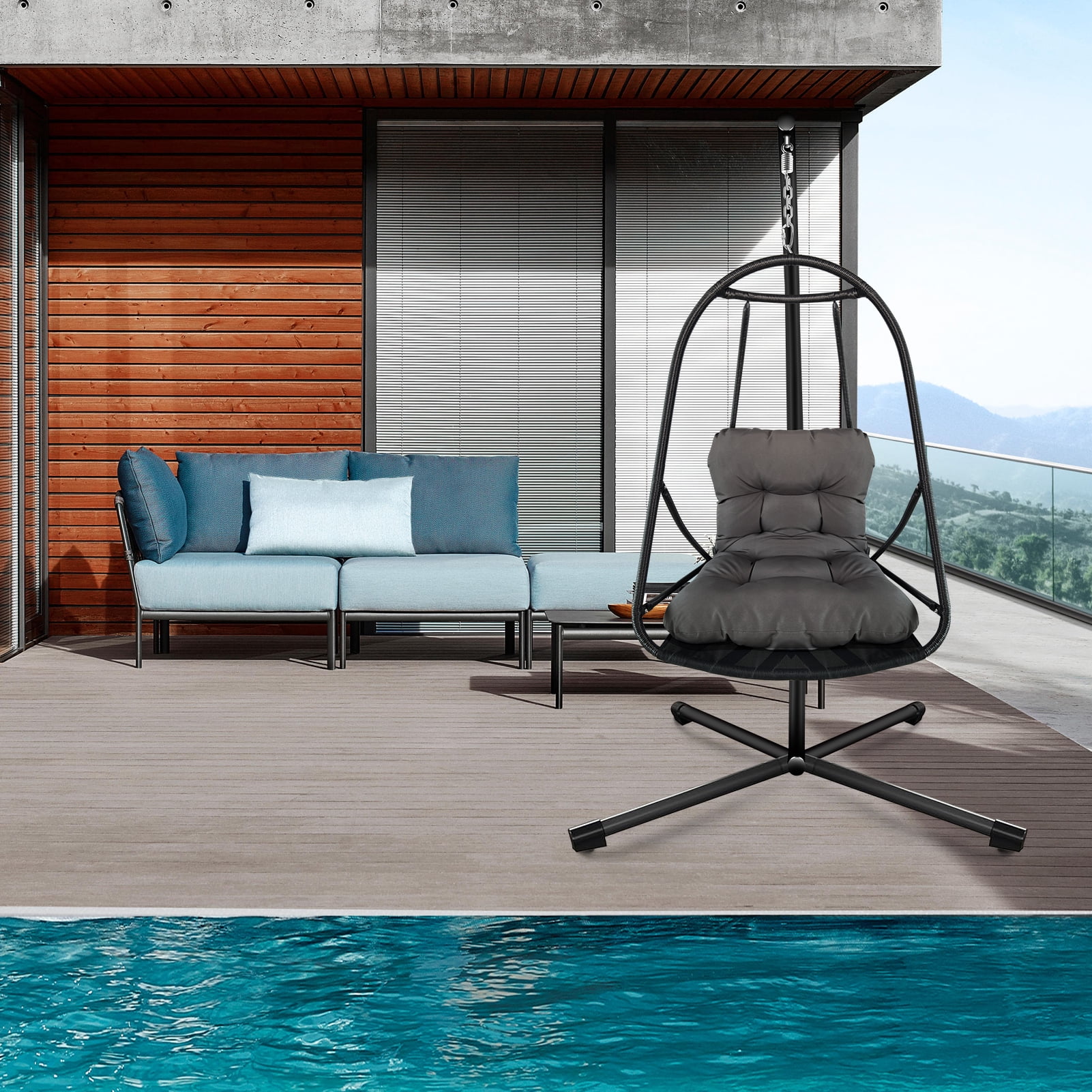 Swing Egg Chair with Stand, Wicker Rattan Hanging Chair with Cushion Pillow for Indoor Outdoor Patio Garden Balcony, Black Dark Brown