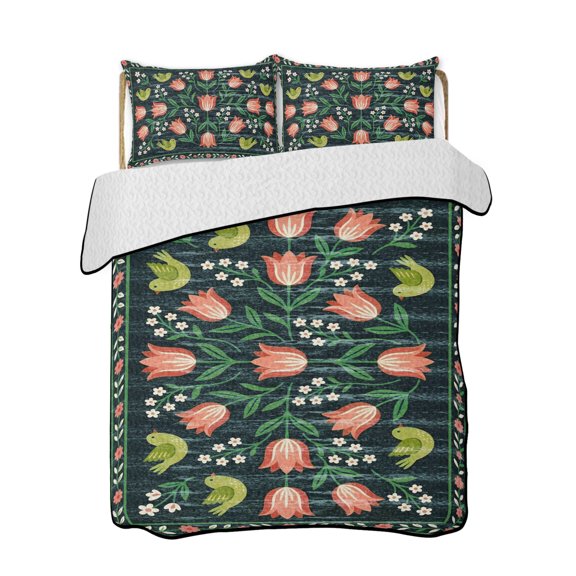 Full Size Quilt Bedding Set, Vintage Tulip Flower Reversible Summer Quilt 3 Pieces, Abstract Ethnic Floral Birds Bohemia Lightweight Bedspreads Coverlets with 2 Pillow Shams for All Seasons