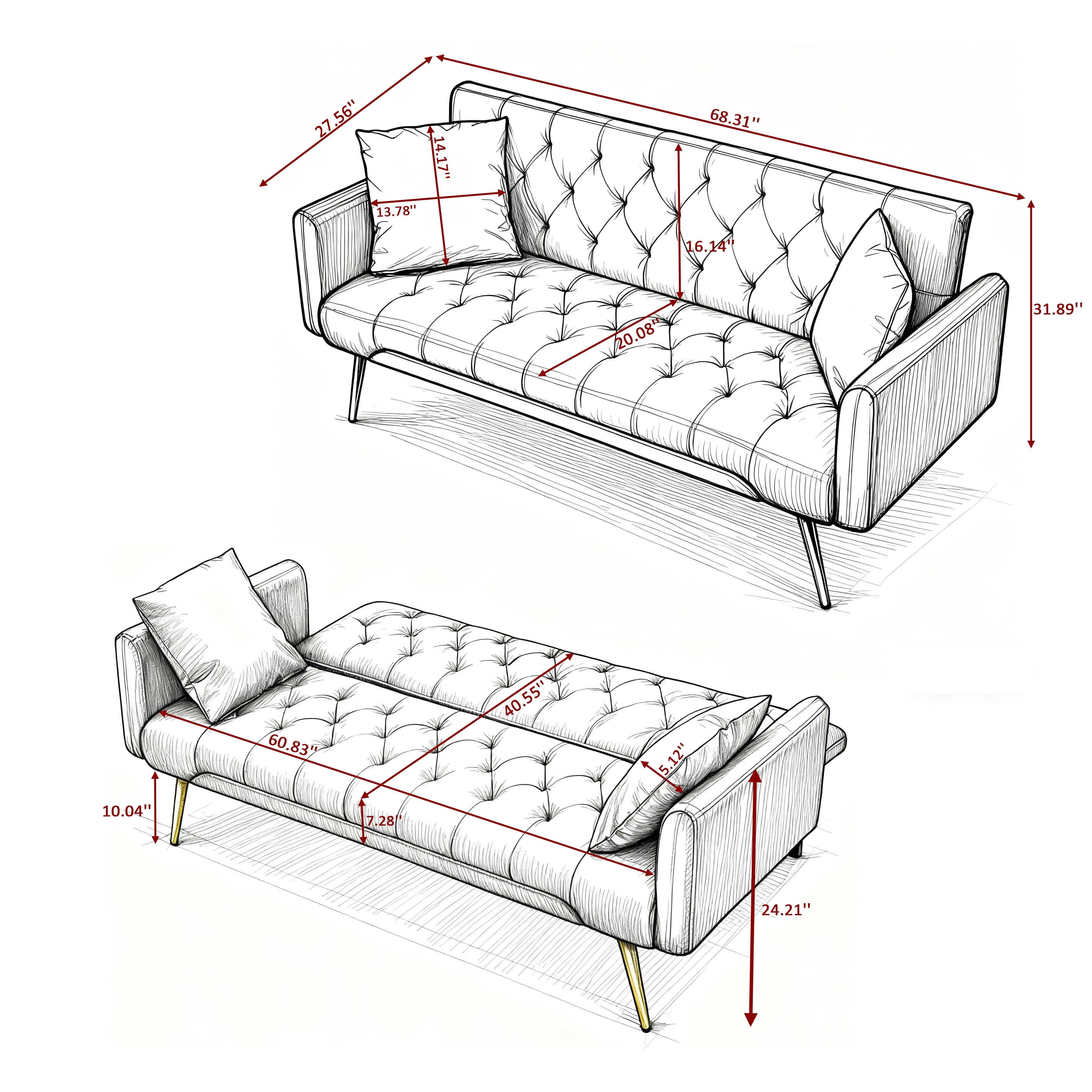 BSHTI 68 inch Modern Futon Sofa Bed, Modern Converted Sofa Bed Couch ,Functioning Futon Sleeper Sofa for Livingroom