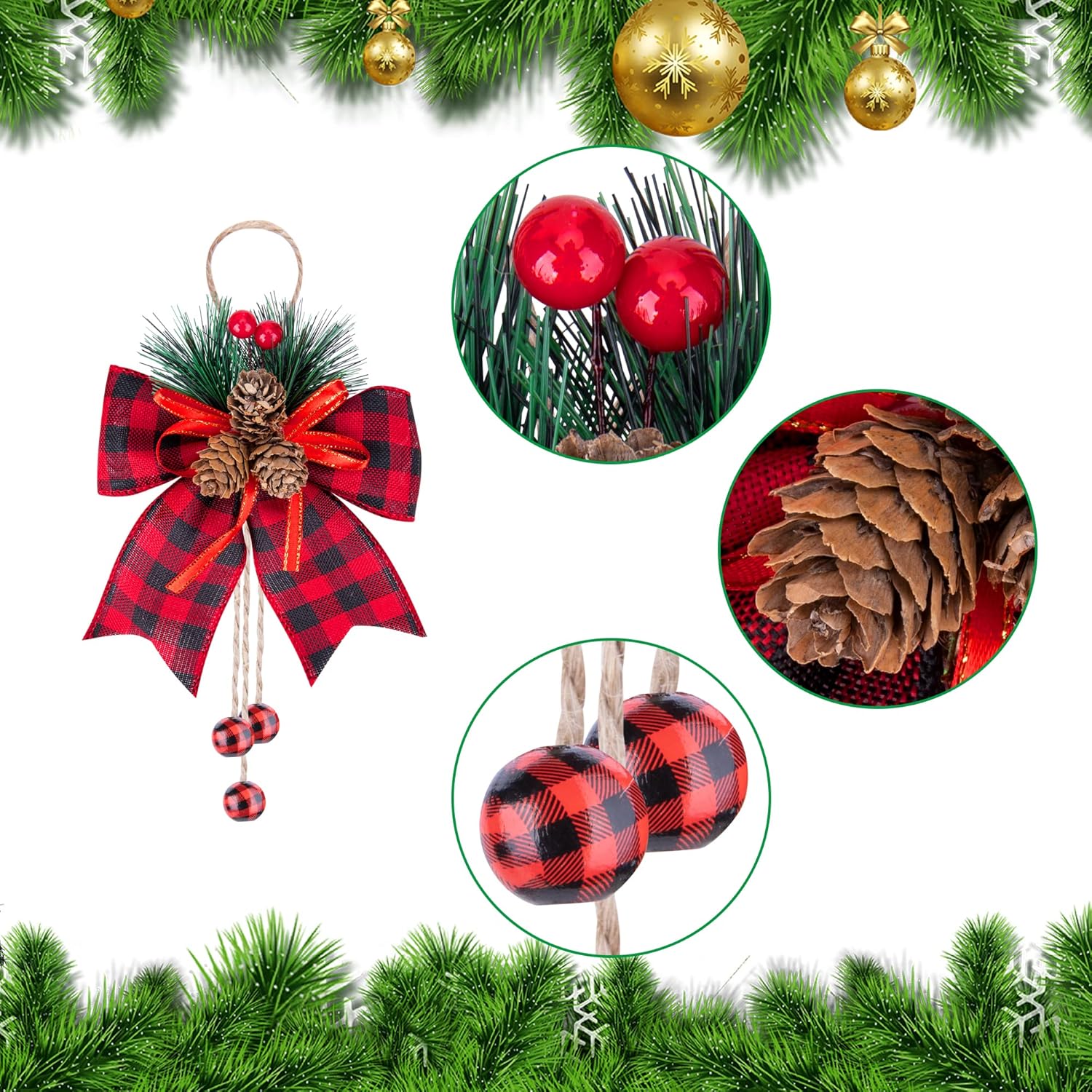 Ebaokuup 6 Pcs Christmas Burlap Plaid Bows with Pine Cones Pine Needles, Large Christmas Decoration Buffalo Plaid Bows, Xmas Wreath Bow Buffalo Check Bow for Holiday Crafts Home Party Tree Decor