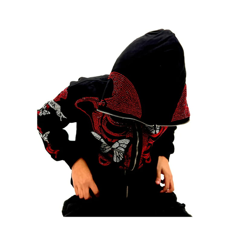 NaranjaBurbuja Y2k Skeleton Full Zip Up Hoodies Over Face Women Men  Rhinestone Skull Graphic Print Sweatshirt Gothic Oversized Jackets  Streetwear, 2 Hats Red at  Women's Clothing store