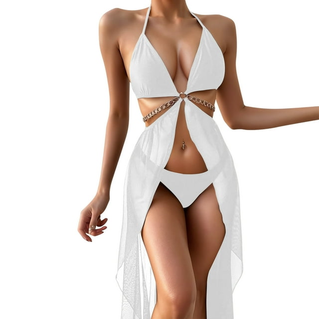 YFELWZ Women's Plus Size Solid Color Slim Fit Triangle Swimsuit Bikini Set Beach Pool White XL