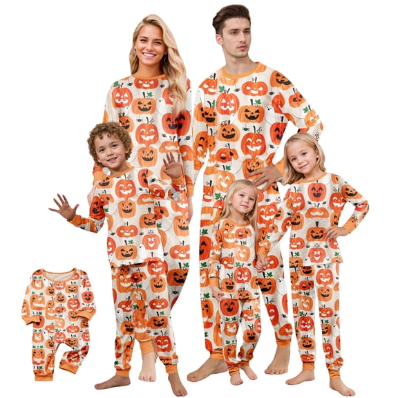 Onlypjs Halloween Family Matching Pajamas Set Pumpkin and Ghost Print Sleepwear Long Sleeve Fall Holiday Loungewear Outfit