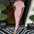 thumbnail image 2 of TSADFHJI Jupes pour Femmes Longueur Midi Motif Rayé en Cuir Poche Latérale Robe T-Shirt Décontractée pour Femmes Manches Courtes avec Ourlet Fendu Col Rond Robe de Mode TTG Rouge, 2 of 4