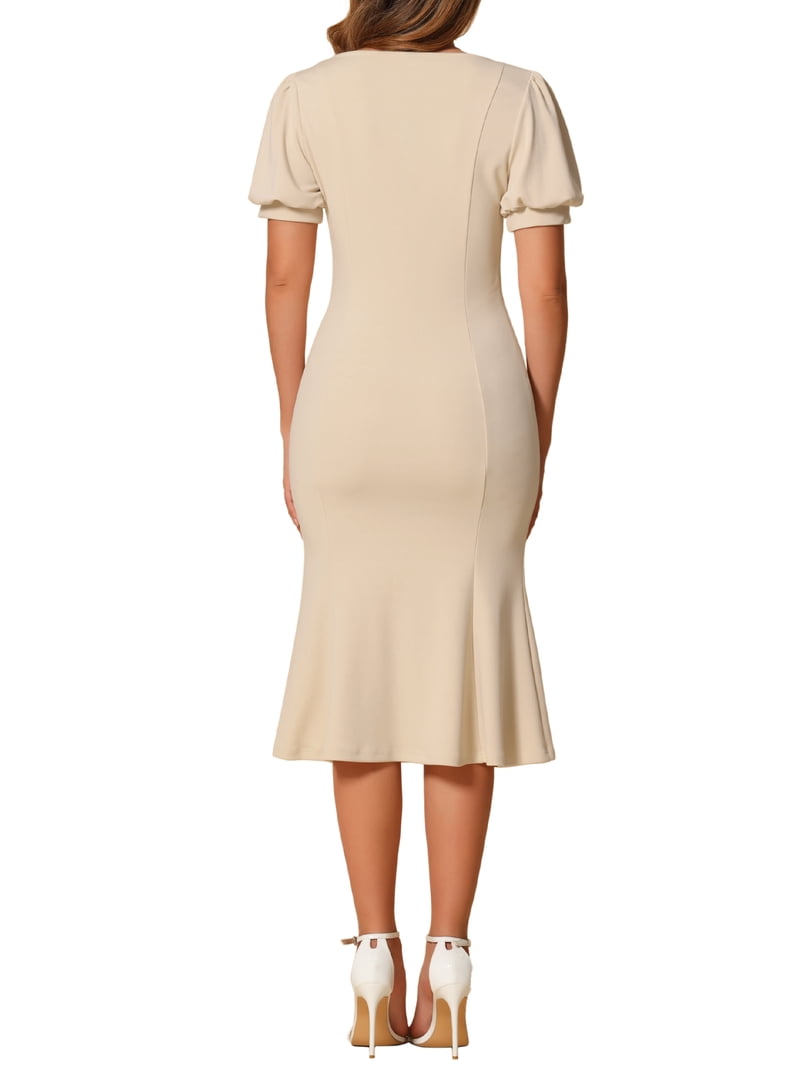 Inspire Chic Business Elegant Dresses for Women's Sweetheart Neck Puff Short Sleeve Mermaid Midi Dress S Beige, Size: Small