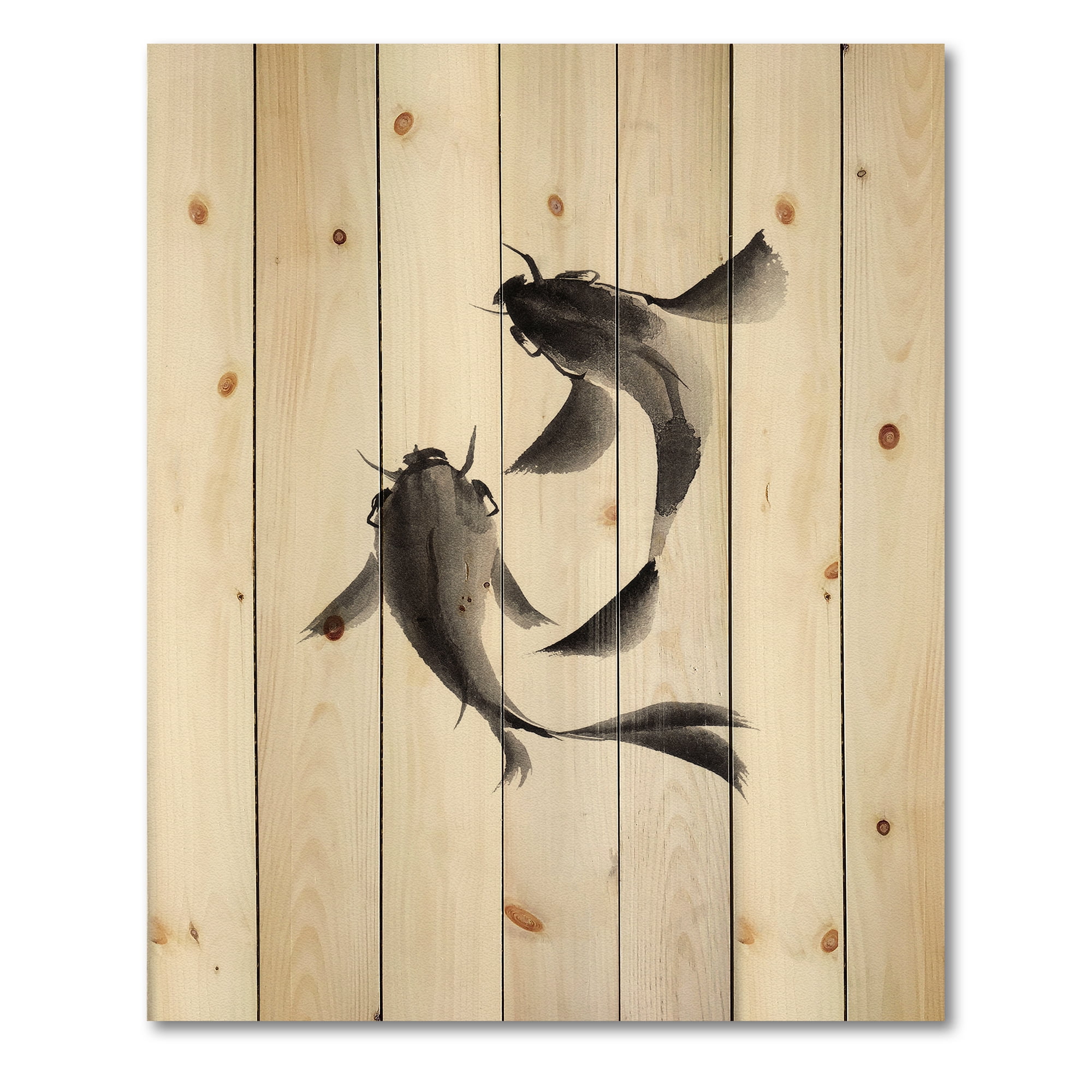 Designart 'Black and White Vintage Fish II' Nautical & Coastal Print on Natural Pine Wood