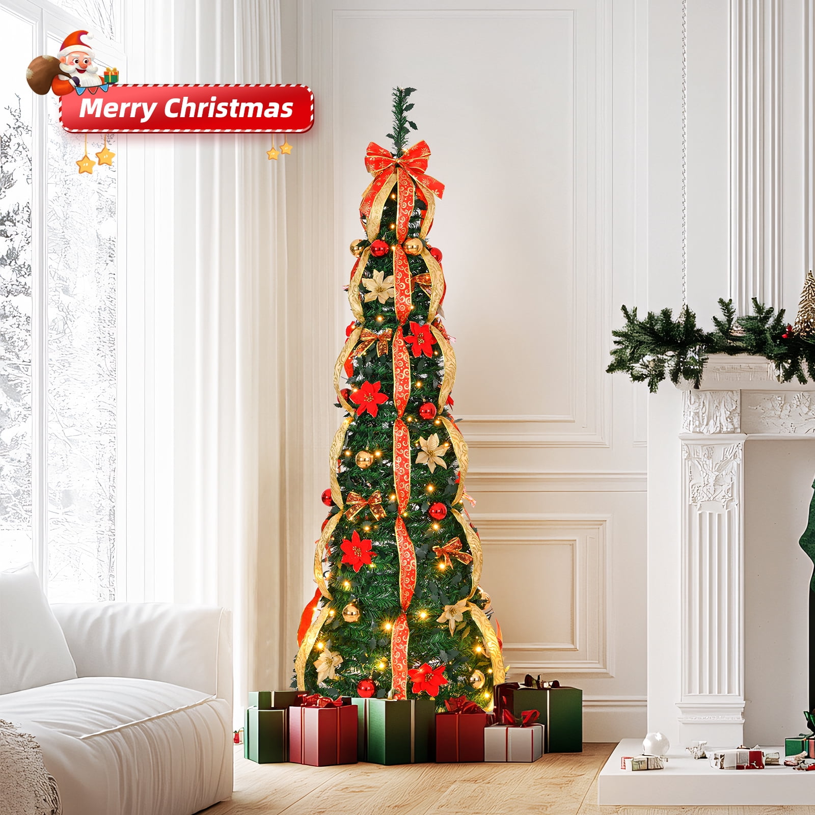 6ft Fully Decorated Pop-Up Christmas Tree with 150 LED Lights 8 Modes