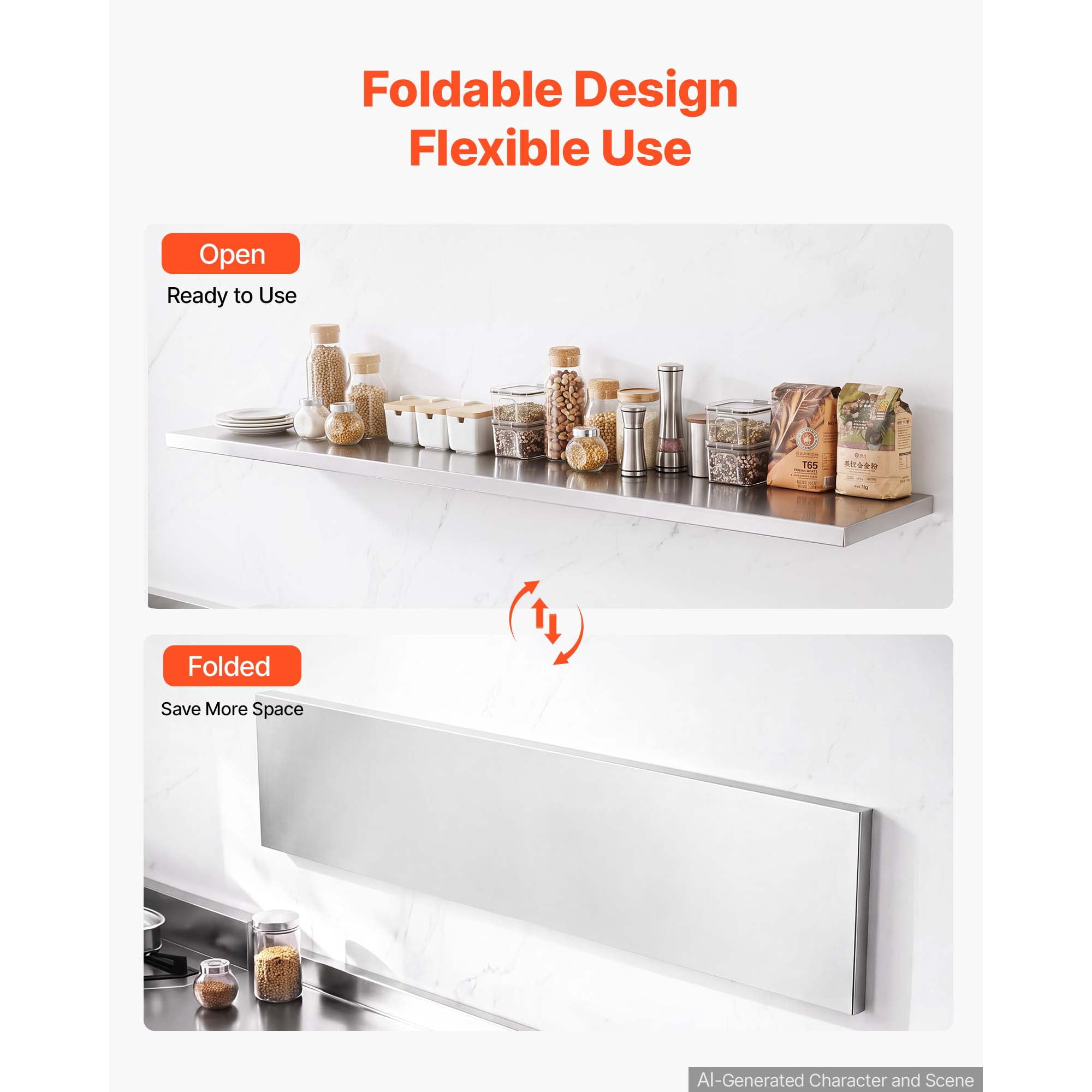 KFFKFF Stainless Steel Foldable Wall Shelf 12" x 72", Durable Commercial Shelving with Brackets, 300 lbs Load Capacity, Easy Maintenance, Ideal for Kitchens, Restaurants, and Garages