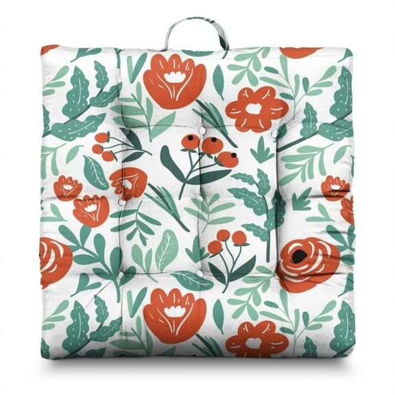 Small Floral Floor Cushion - Supportive Square Seat Pad with Floral and Leopard Print Boho Style