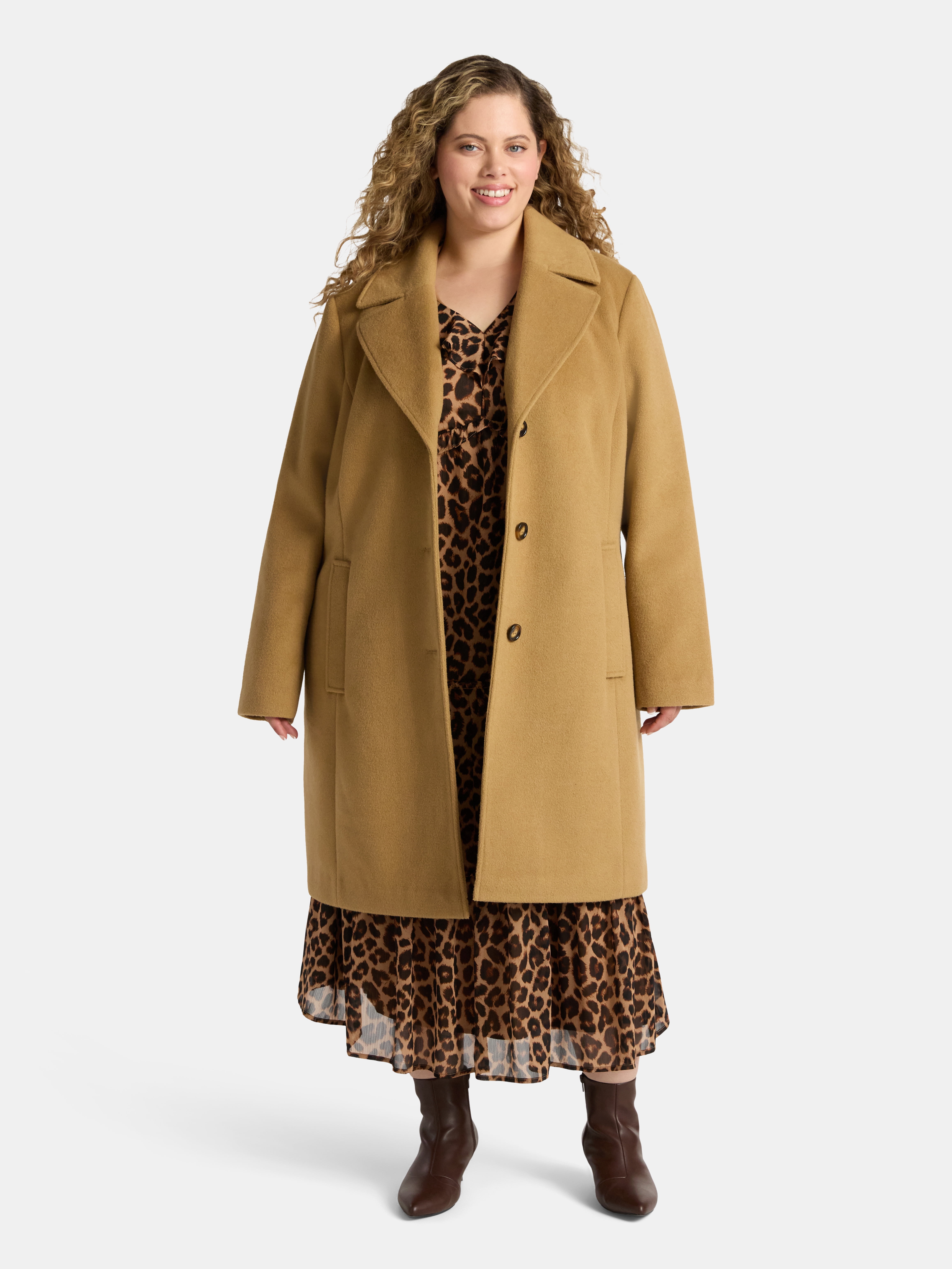 Time and Tru Women's and Women's Plus Faux Wool Boyfriend Coat, Sizes XS-2X