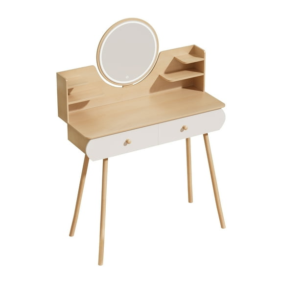 Anvazise Makeup Vanity Desk with LED Lighted Mirror, Vanity Table with 2 Drawers and Opening Shelves, Bedroom Dressing Table, 3 Modes Brightness Adjustable (Wooden Color)