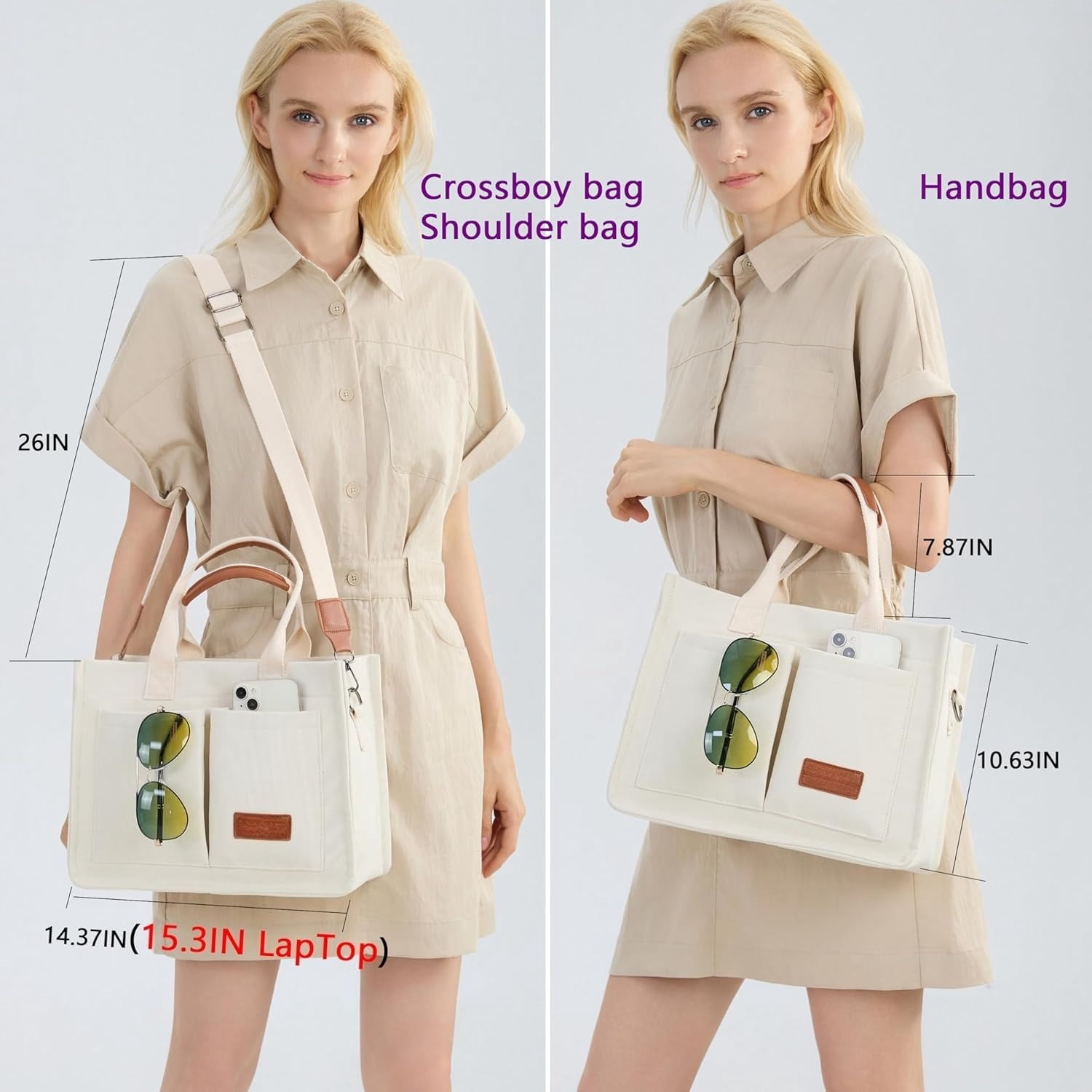 Tote Bag for Women With Compartments,Large Canvas Totes Women's Purse Crossbody Bags Work Laptop Book Bag Shoulder Handbags Khaki