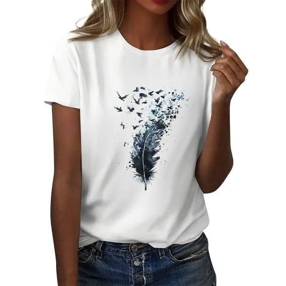 NAMTYQX Spring Shirts for Women 2025 Plus Size Casual Loose Short Sleeve Basic Crewneck Soft Patterns Light Dark Blue Size L