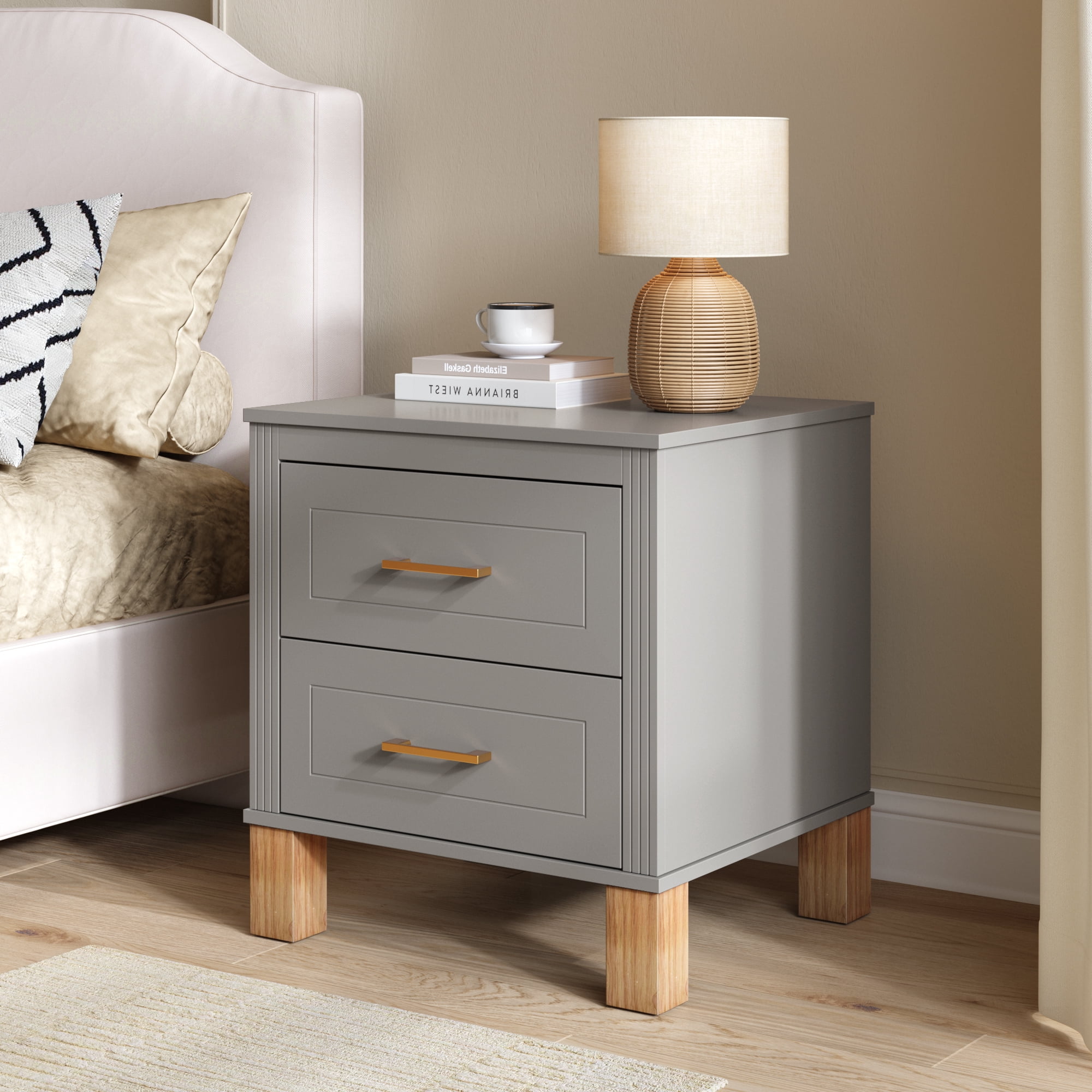 2 Drawer Nightstand, Fluted Design Bedside Table with Solid Wood Legs & Metal Handles, MDF Frame Storage Cabinet, Tall End Table for Bedroom Living Room