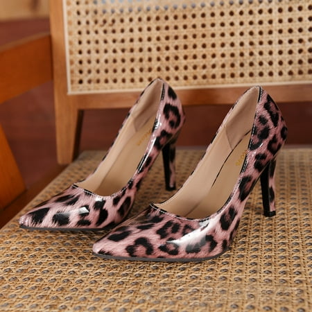 

Women High Heel Stilettos Pointed Closed Toe Pumps Patent Leather Leopard Slip On Dress Shoes Sexy Party Work