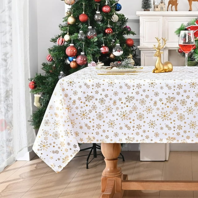 Christmas Tablecloth 60×84 Inch, Snowflake Christmas Table Cloth for Winter, Gold Christmas Tablecloths, Christmas Table Cover for Table, Kitchen, Dining, Holiday, Rectangle