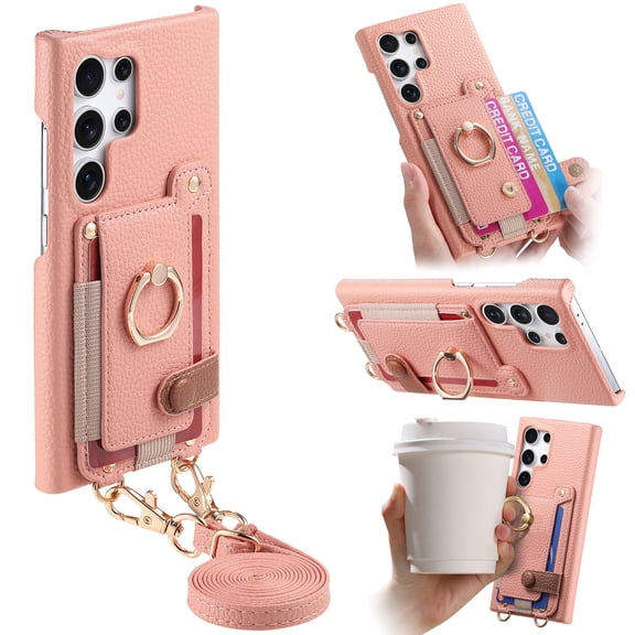 for Samsung Galaxy S26 Ultra Wallet Case with Elastic Card Holder & 360° Rotatable Ring Stand, Vintage PU Leather Kickstand Slim Fit Shockproof Cover with Shoulder Strap - Pink