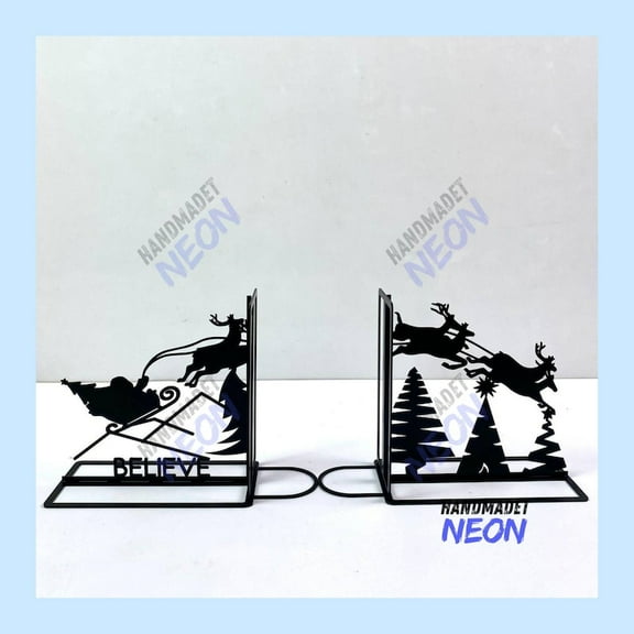 Handmadetneonsign Santa Sleigh Metal Bookends, Merry Christmas Table Bookshelf Decor 91985